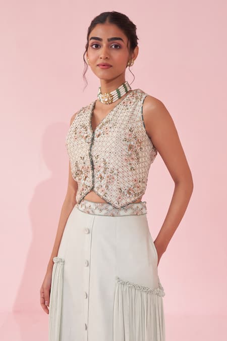 Studio Bagechaa_Blue Georgette V-neck Gurnoor Embroidered Vest And Lehenga Set _Online_at_Aza_Fashions