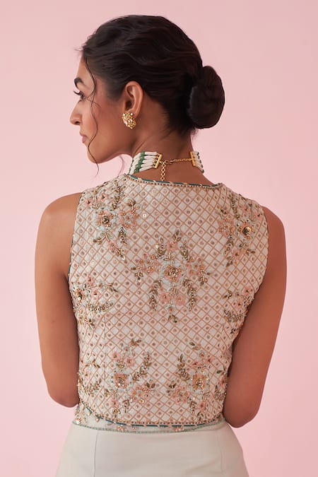 Shop_Studio Bagechaa_Blue Georgette V-neck Gurnoor Embroidered Vest And Lehenga Set _Online_at_Aza_Fashions