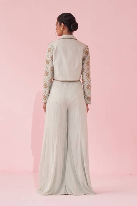 Shop_Studio Bagechaa_Blue Georgette Sequins, Embroidery Scoop Neck, Cropped Jacket Sharara Set _at_Aza_Fashions