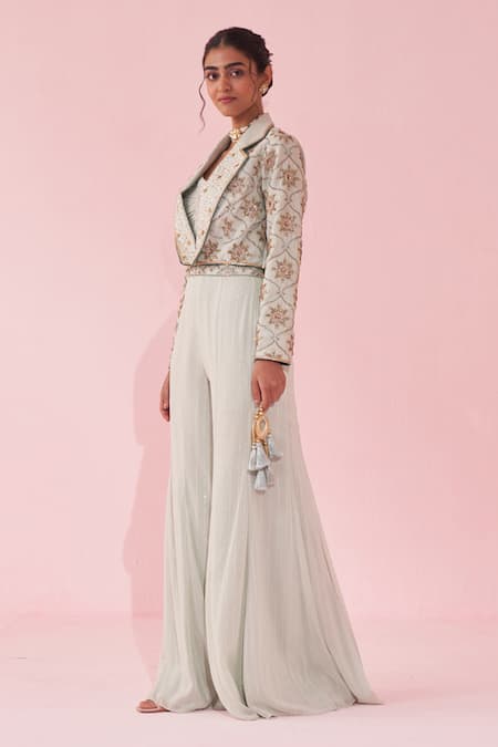 Buy_Studio Bagechaa_Blue Georgette Sequins, Embroidery Scoop Neck, Cropped Jacket Sharara Set _Online_at_Aza_Fashions