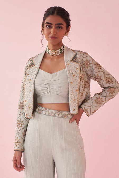 Studio Bagechaa_Blue Georgette Sequins, Embroidery Scoop Neck, Cropped Jacket Sharara Set _at_Aza_Fashions