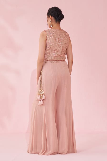 Shop_Studio Bagechaa_Blush Georgette, Kota Doria Sequins V-neck Embroidered Pink Lehenga Set _at_Aza_Fashions