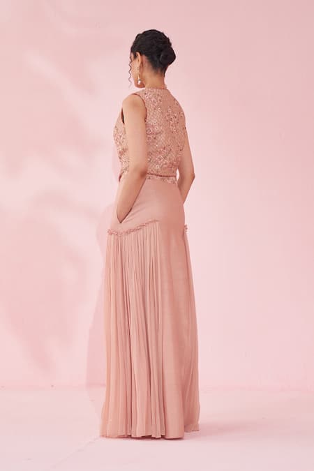 Studio Bagechaa_Blush Georgette, Kota Doria Sequins V-neck Embroidered Pink Lehenga Set _Online_at_Aza_Fashions