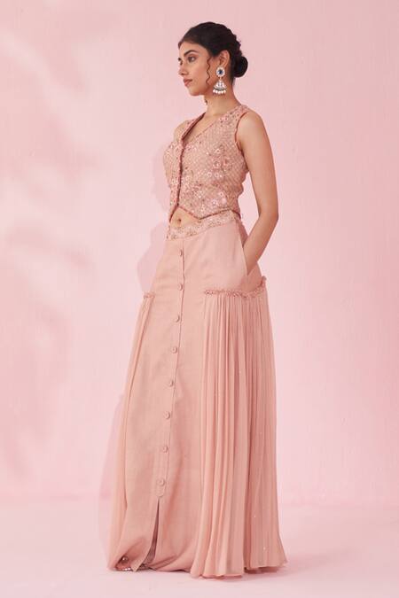 Buy_Studio Bagechaa_Blush Georgette, Kota Doria Sequins V-neck Embroidered Pink Lehenga Set _Online_at_Aza_Fashions