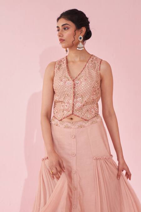 Shop_Studio Bagechaa_Blush Georgette, Kota Doria Sequins V-neck Embroidered Pink Lehenga Set _Online_at_Aza_Fashions