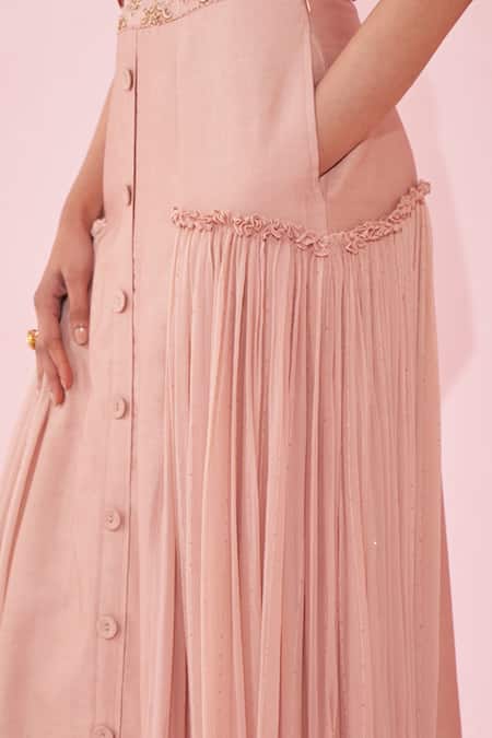 Buy_Studio Bagechaa_Blush Georgette, Kota Doria Sequins V-neck Embroidered Pink Lehenga Set 