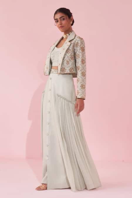 Studio Bagechaa_Blue Georgette, Kota Doria Embroidery Round Neck Jacket And Bustier Lehenga Set _Online_at_Aza_Fashions