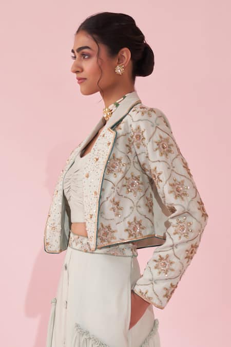 Buy_Studio Bagechaa_Blue Georgette, Kota Doria Embroidery Round Neck Jacket And Bustier Lehenga Set _Online_at_Aza_Fashions