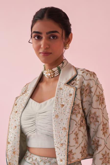 Shop_Studio Bagechaa_Blue Georgette, Kota Doria Embroidery Round Neck Jacket And Bustier Lehenga Set _Online_at_Aza_Fashions