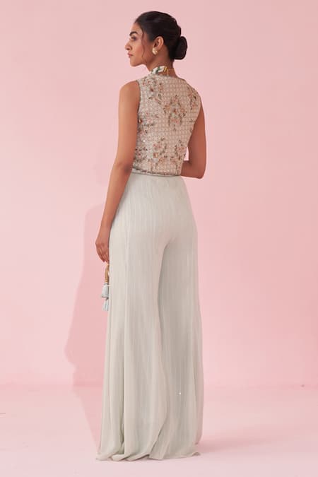 Shop_Studio Bagechaa_Pink Georgette Sequins, Embroidery Round Neck Pale Blue Sharara Set _at_Aza_Fashions