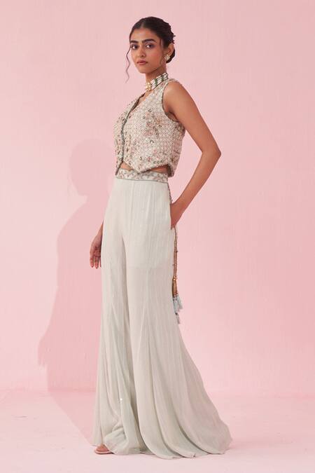 Studio Bagechaa_Pink Georgette Sequins, Embroidery Round Neck Pale Blue Sharara Set _Online_at_Aza_Fashions