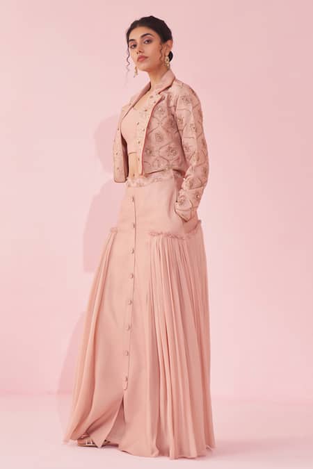 Buy_Studio Bagechaa_Blush Georgette Embroidery, Sequins Round Neck Pink Lehenga Set _Online_at_Aza_Fashions