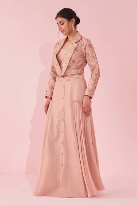 Buy_Studio Bagechaa_Blush Georgette Embroidery, Sequins Round Neck Pink Lehenga Set 