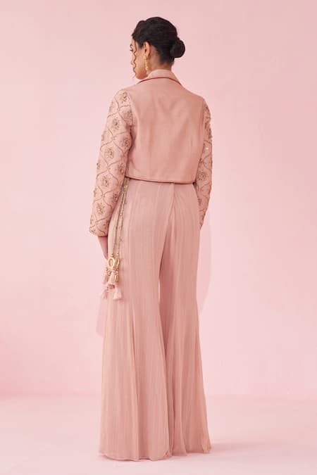 Shop_Studio Bagechaa_Pink Georgette Tassels, Sequins, Embroidery Round Neck, Blush Sharara Set _at_Aza_Fashions