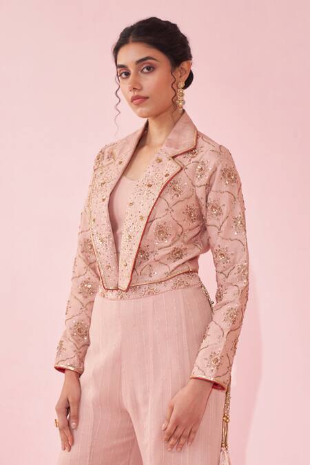 Studio Bagechaa_Pink Georgette Tassels, Sequins, Embroidery Round Neck, Blush Sharara Set _Online_at_Aza_Fashions