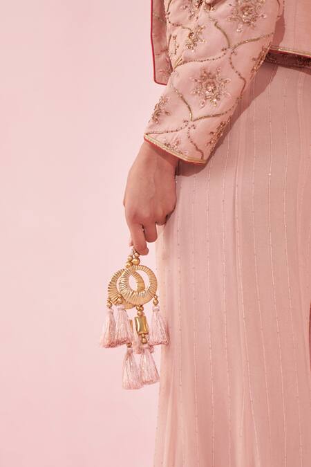 Buy_Studio Bagechaa_Pink Georgette Tassels, Sequins, Embroidery Round Neck, Blush Sharara Set _Online_at_Aza_Fashions