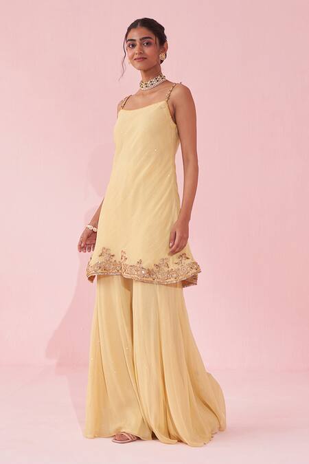 Studio Bagechaa_Yellow Georgette Embroidery Round Neck Genda Sharara Set _Online_at_Aza_Fashions