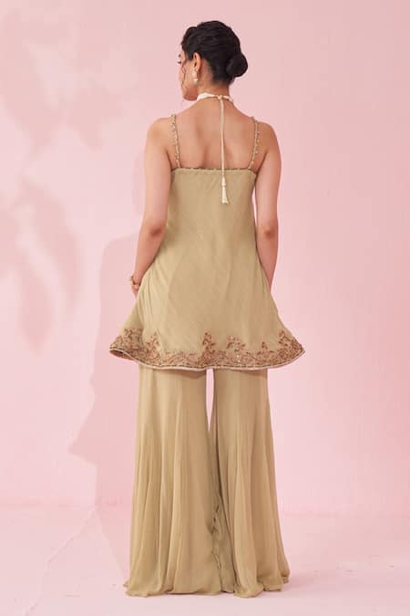 Shop_Studio Bagechaa_Green Georgette Embroidery Round Neck Genda Sharara Set _at_Aza_Fashions