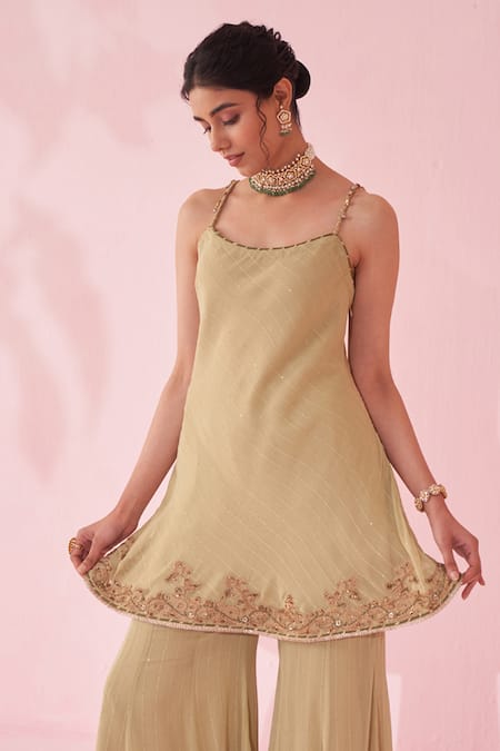 Studio Bagechaa_Green Georgette Embroidery Round Neck Genda Sharara Set _Online_at_Aza_Fashions