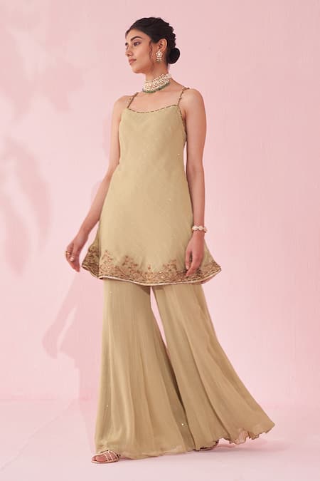 Buy_Studio Bagechaa_Green Georgette Embroidery Round Neck Genda Sharara Set _Online_at_Aza_Fashions