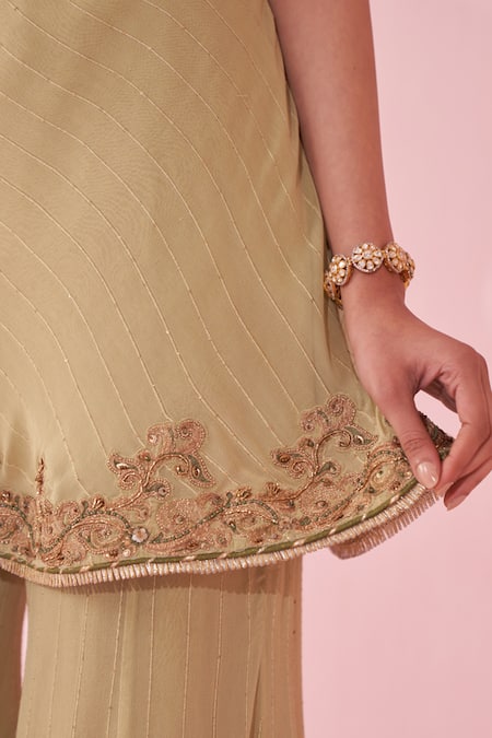 Shop_Studio Bagechaa_Green Georgette Embroidery Round Neck Genda Sharara Set _Online_at_Aza_Fashions