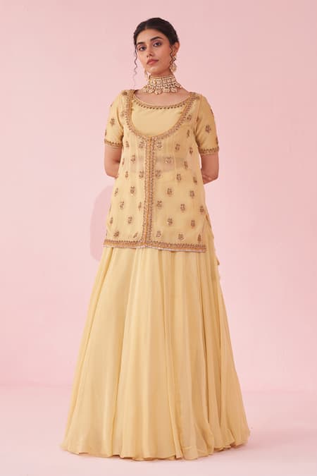 Studio Bagechaa_Yellow Chanderi, Organza Embroidery, Tassels Round Neck Lehenga Set _Online_at_Aza_Fashions