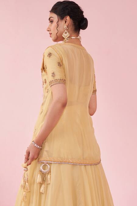 Buy_Studio Bagechaa_Yellow Chanderi, Organza Embroidery, Tassels Round Neck Lehenga Set _Online_at_Aza_Fashions