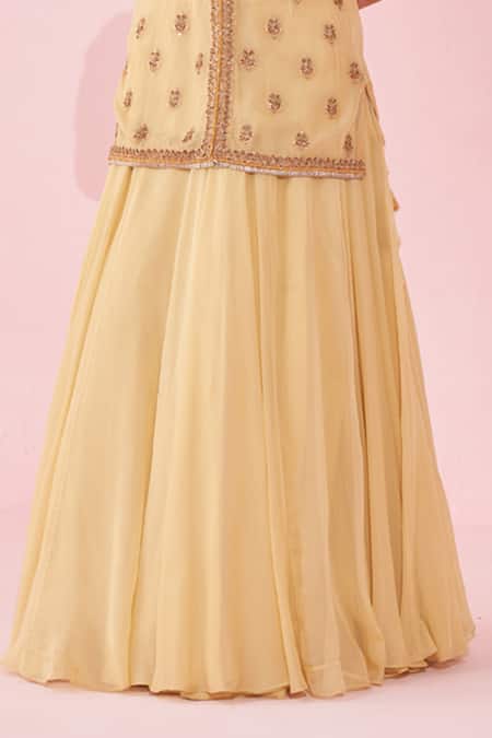 Shop_Studio Bagechaa_Yellow Chanderi, Organza Embroidery, Tassels Round Neck Lehenga Set _Online_at_Aza_Fashions