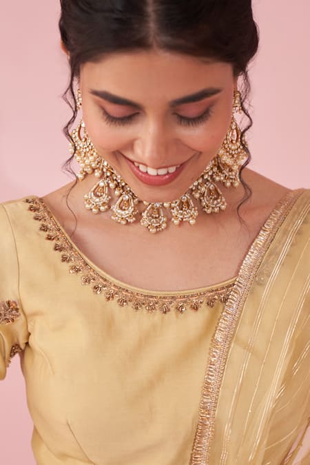 Studio Bagechaa Yellow Chanderi, Organza, Cotton Embroidery Round Neck Gulkand Lehenga Set Online at Aza Fashions Studio Bagechaa_Yellow Chanderi, Organza, Cotton Embroidery Round Neck Gulkand Lehenga Set _Online_at_Aza_Fashions
