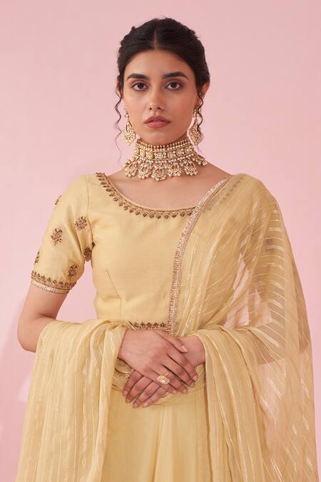 Shop Studio Bagechaa Yellow Chanderi, Organza, Cotton Embroidery Round Neck Gulkand Lehenga Set Online at Aza Fashions Shop_Studio Bagechaa_Yellow Chanderi, Organza, Cotton Embroidery Round Neck Gulkand Lehenga Set _Online_at_Aza_Fashions