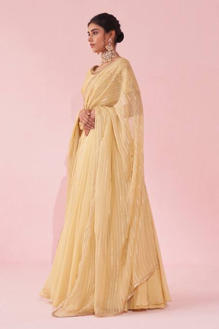 Studio Bagechaa Yellow Chanderi, Organza, Cotton Embroidery Round Neck Gulkand Lehenga Set at Aza Fashions Studio Bagechaa_Yellow Chanderi, Organza, Cotton Embroidery Round Neck Gulkand Lehenga Set _at_Aza_Fashions