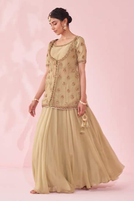 Studio Bagechaa_Green Organza, Chanderi Embroidery Round Neck Gulmohar Lehenga Set _Online_at_Aza_Fashions