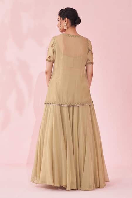 Shop_Studio Bagechaa_Green Organza, Chanderi Embroidery Round Neck Gulmohar Lehenga Set _at_Aza_Fashions