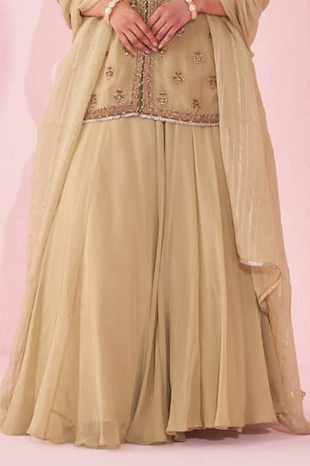 Shop_Studio Bagechaa_Green Organza, Chanderi Embroidery Round Neck Gulmohar Lehenga Set _Online_at_Aza_Fashions