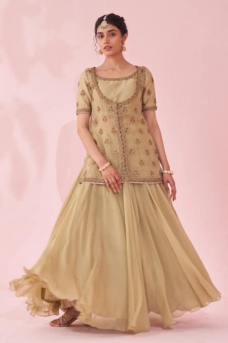 Studio Bagechaa_Green Organza, Chanderi Embroidery Round Neck Gulmohar Lehenga Set _at_Aza_Fashions