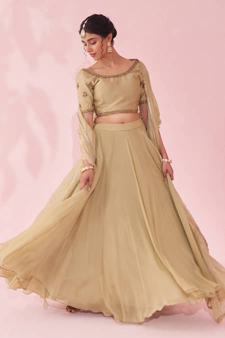 Studio Bagechaa_Green Chanderi, Organza Embroidery, Zari Round Neck Gulkand Lehenga Set _Online_at_Aza_Fashions