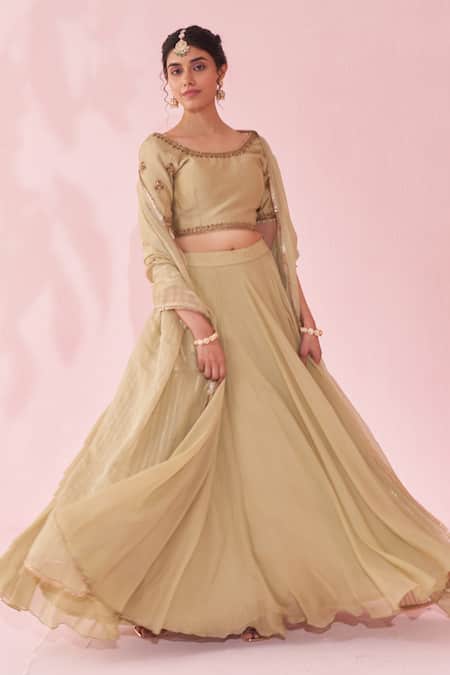 Buy_Studio Bagechaa_Green Chanderi, Organza Embroidery, Zari Round Neck Gulkand Lehenga Set _Online_at_Aza_Fashions