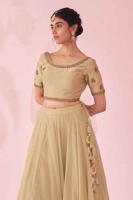 Studio Bagechaa_Green Chanderi, Organza Embroidery, Zari Round Neck Gulkand Lehenga Set _at_Aza_Fashions