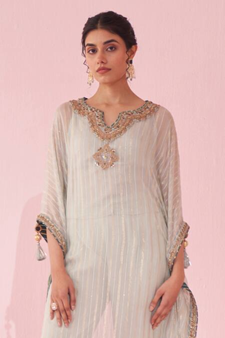 Studio Bagechaa_Pink Organza, Cotton Embroidery Round Neck Gulzaar Kaftan Set _Online_at_Aza_Fashions