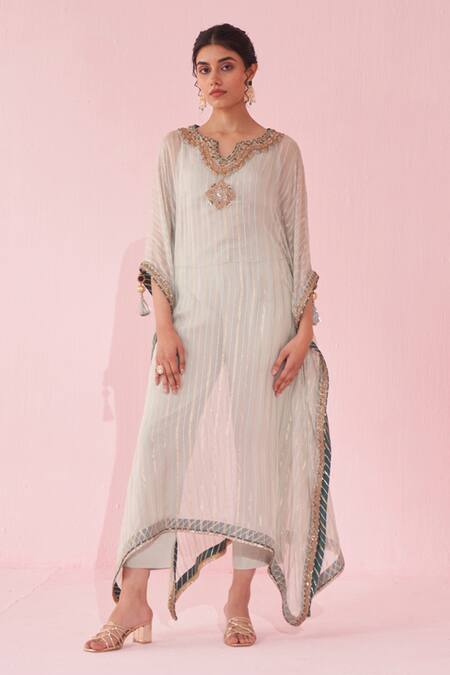 Studio Bagechaa_Pink Organza, Cotton Embroidery Round Neck Gulzaar Kaftan Set _at_Aza_Fashions