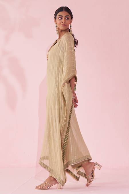 Shop_Studio Bagechaa_Green Organza Embroidery Round Neck Gulzaar Kaftan Set _Online_at_Aza_Fashions