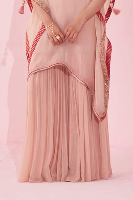 Studio Bagechaa_Blush Georgette, Organza Embroidery, Tassels V-neck Gulbagh Pink Kaftan Set _Online_at_Aza_Fashions