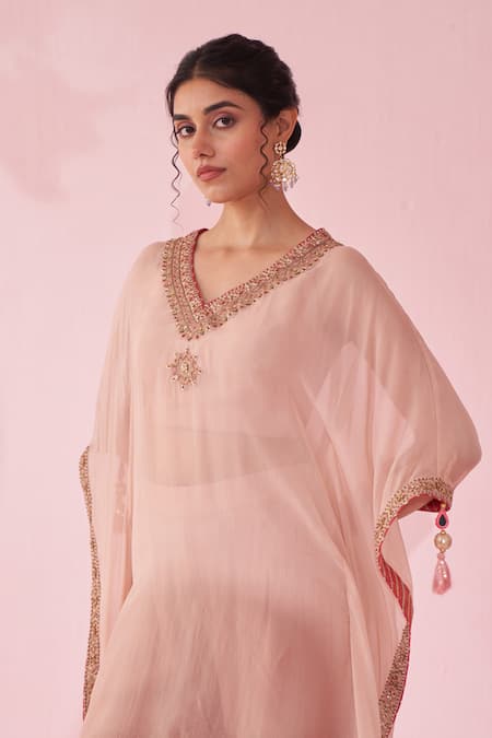 Buy_Studio Bagechaa_Blush Georgette, Organza Embroidery, Tassels V-neck Gulbagh Pink Kaftan Set _Online_at_Aza_Fashions