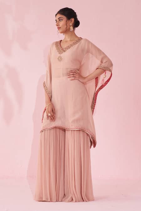 Shop_Studio Bagechaa_Blush Georgette, Organza Embroidery, Tassels V-neck Gulbagh Pink Kaftan Set _Online_at_Aza_Fashions
