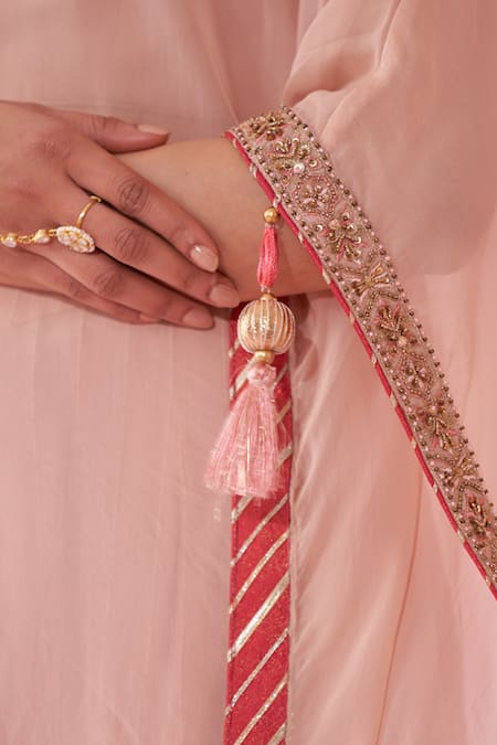Studio Bagechaa_Blush Georgette, Organza Embroidery, Tassels V-neck Gulbagh Pink Kaftan Set _at_Aza_Fashions