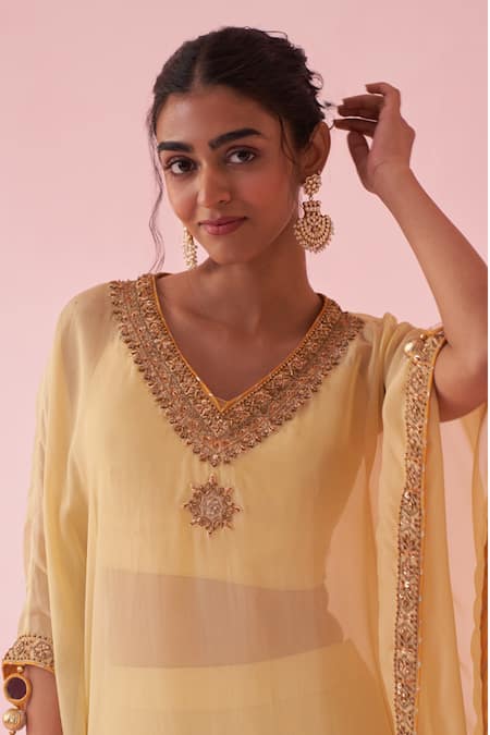 Studio Bagechaa_Yellow Georgette, Organza Tassels, Embroidery V-neck Gulbagh Kaftan Set _Online_at_Aza_Fashions