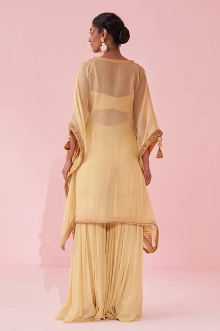 Shop_Studio Bagechaa_Yellow Georgette, Organza Tassels, Embroidery V-neck Gulbagh Kaftan Set _at_Aza_Fashions
