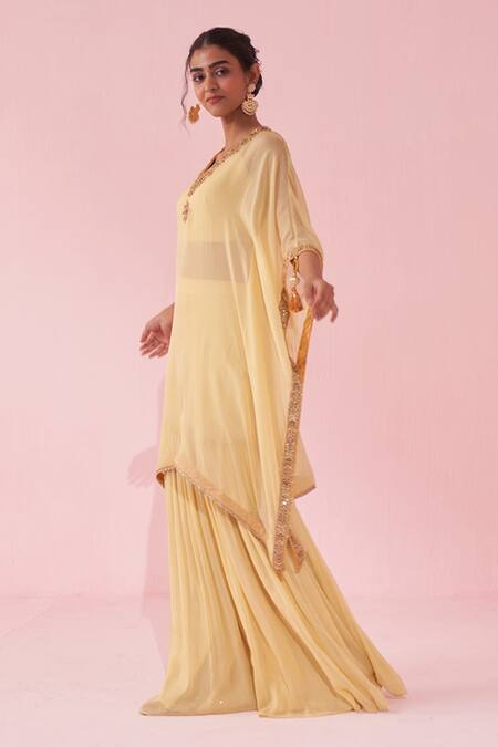 Buy_Studio Bagechaa_Yellow Georgette, Organza Tassels, Embroidery V-neck Gulbagh Kaftan Set _Online_at_Aza_Fashions