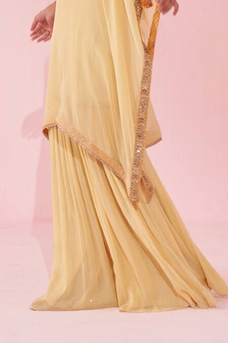 Shop_Studio Bagechaa_Yellow Georgette, Organza Tassels, Embroidery V-neck Gulbagh Kaftan Set _Online_at_Aza_Fashions