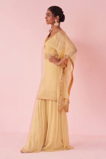 Studio Bagechaa_Yellow Georgette, Organza Tassels, Embroidery V-neck Gulbagh Kaftan Set _at_Aza_Fashions